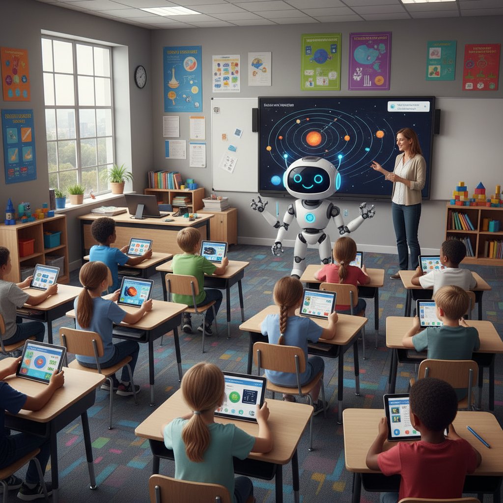 Zdjęcie klasy szkolnej z robotem edukacyjnym oraz uczniami korzystającymi z tabletów – przyszłość edukacji z AI