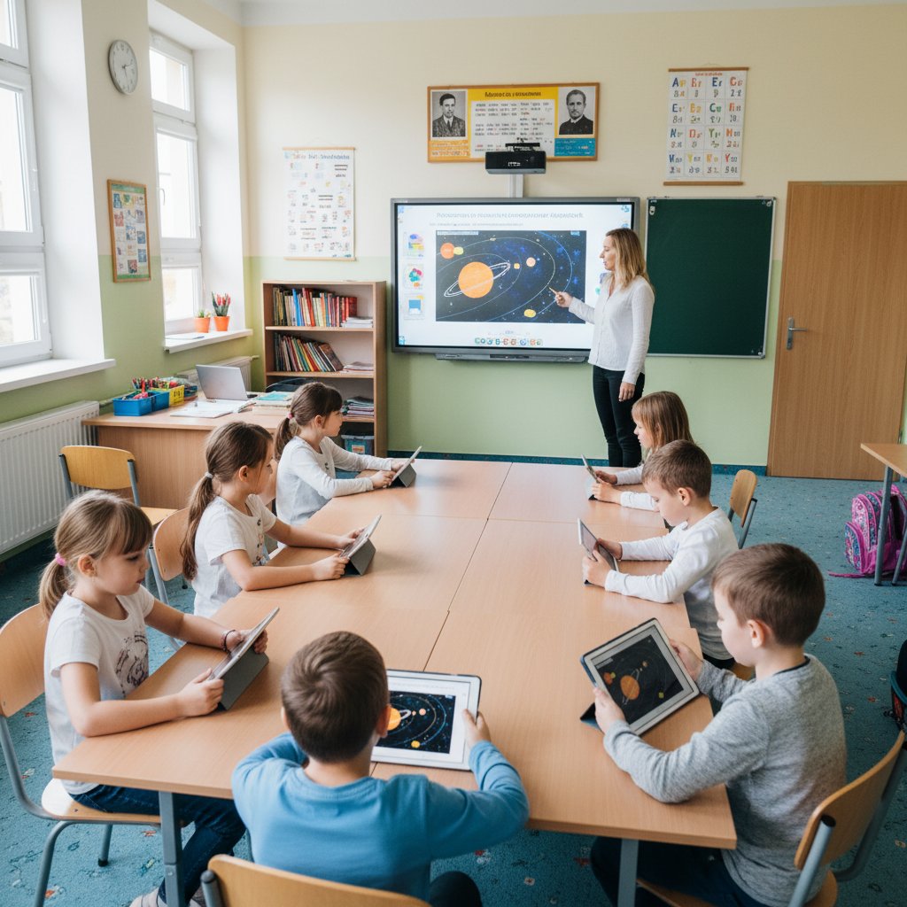 Nowoczesna sala lekcyjna z tablicą interaktywną i uczniami korzystającymi z tabletów – technologia w polskiej szkole