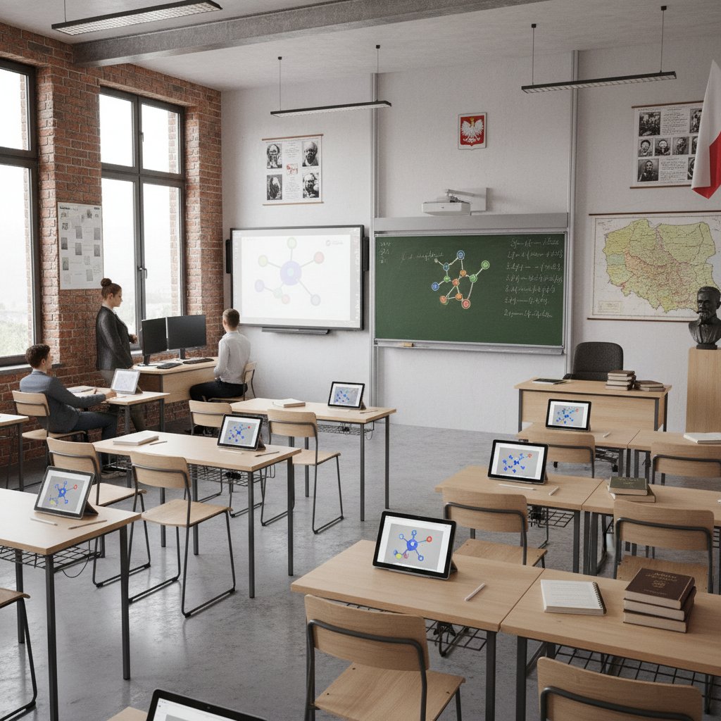 Sala lekcyjna z nowoczesnym sprzętem i tradycyjną tablicą, polska szkoła, kontrast