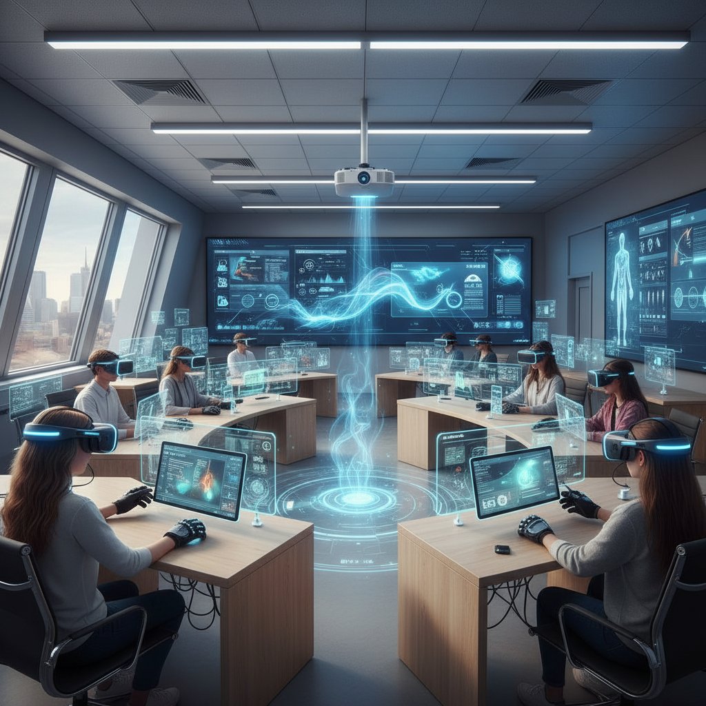 Sala lekcyjna z nowoczesną technologią, VR, uczniowie z tabletami – biologia matura online przyszłość