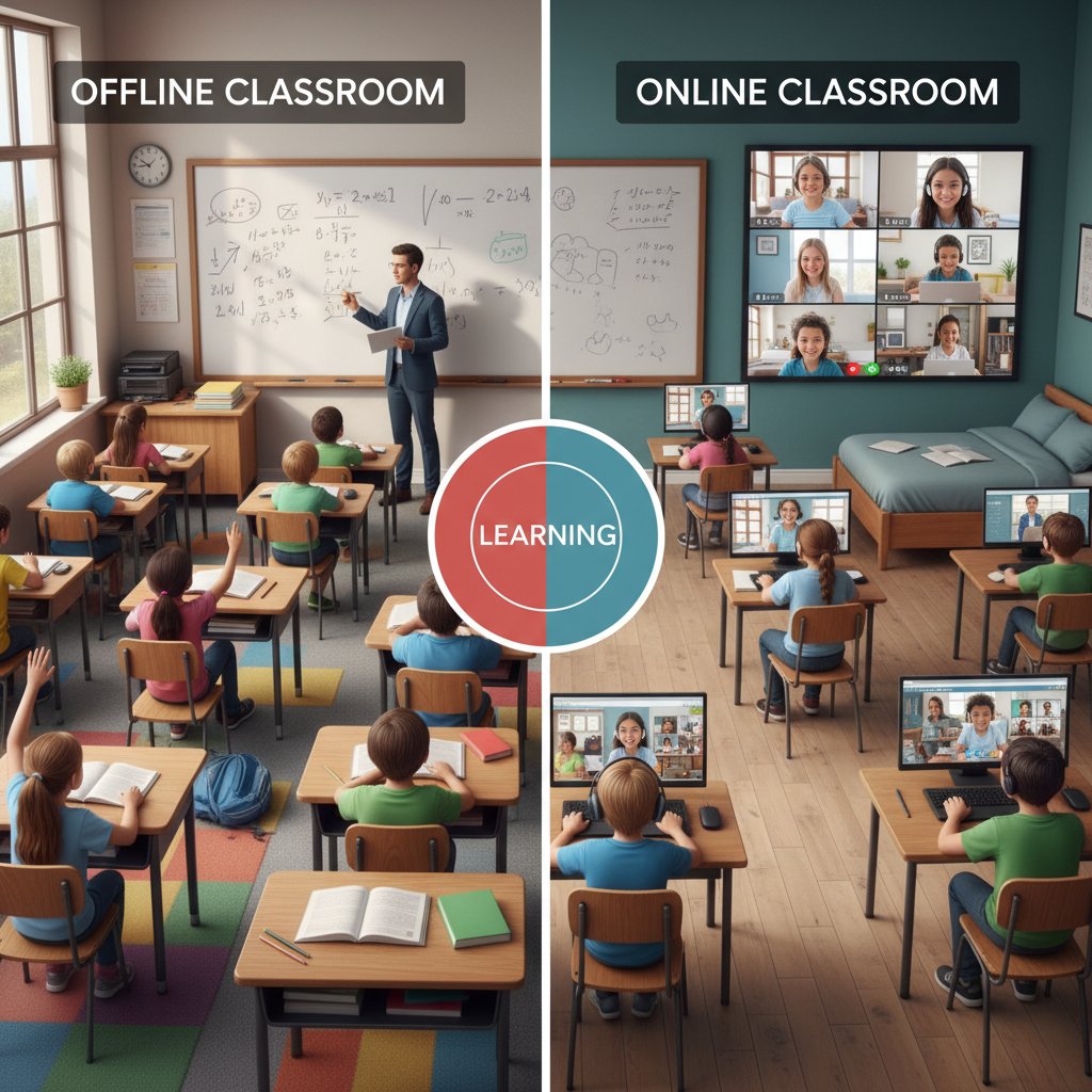 Porównawcze zdjęcie: klasa offline vs uczeń online przy komputerze