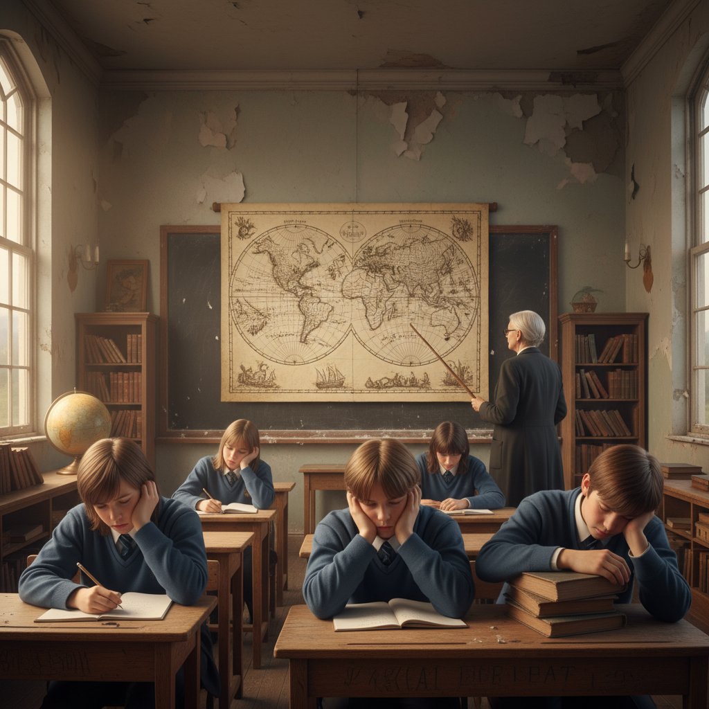 Sala lekcyjna z tablicą i starą mapą Europy, uczniowie znudzeni, klasyczna nauka geografii