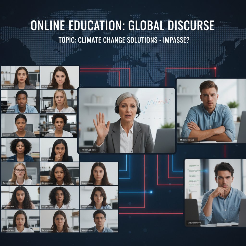 Debata o edukacji online, grupa uczniów i nauczycieli dyskutuje, sala lekcyjna, napięta atmosfera