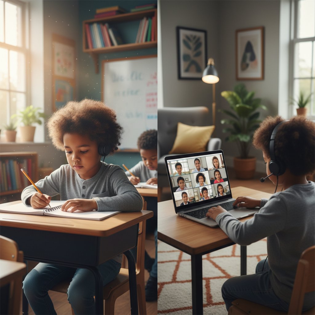 Porównanie nauki stacjonarnej i online: dziecko w klasie i to samo dziecko przy komputerze, dwa światy w jednym zdjęciu
