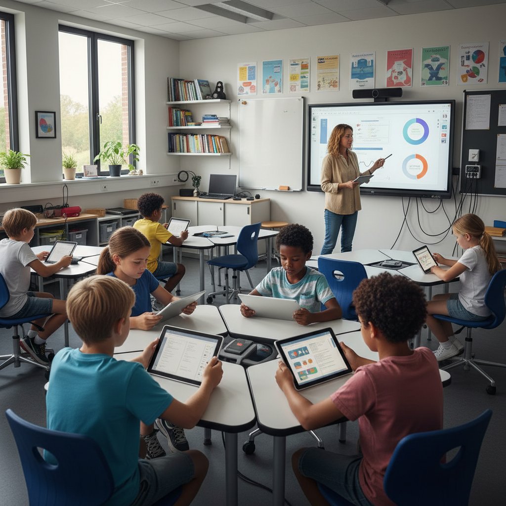 Sala lekcyjna z uczniem korzystającym z tabletu i nauczycielem w tle, nowoczesne technologie edukacyjne