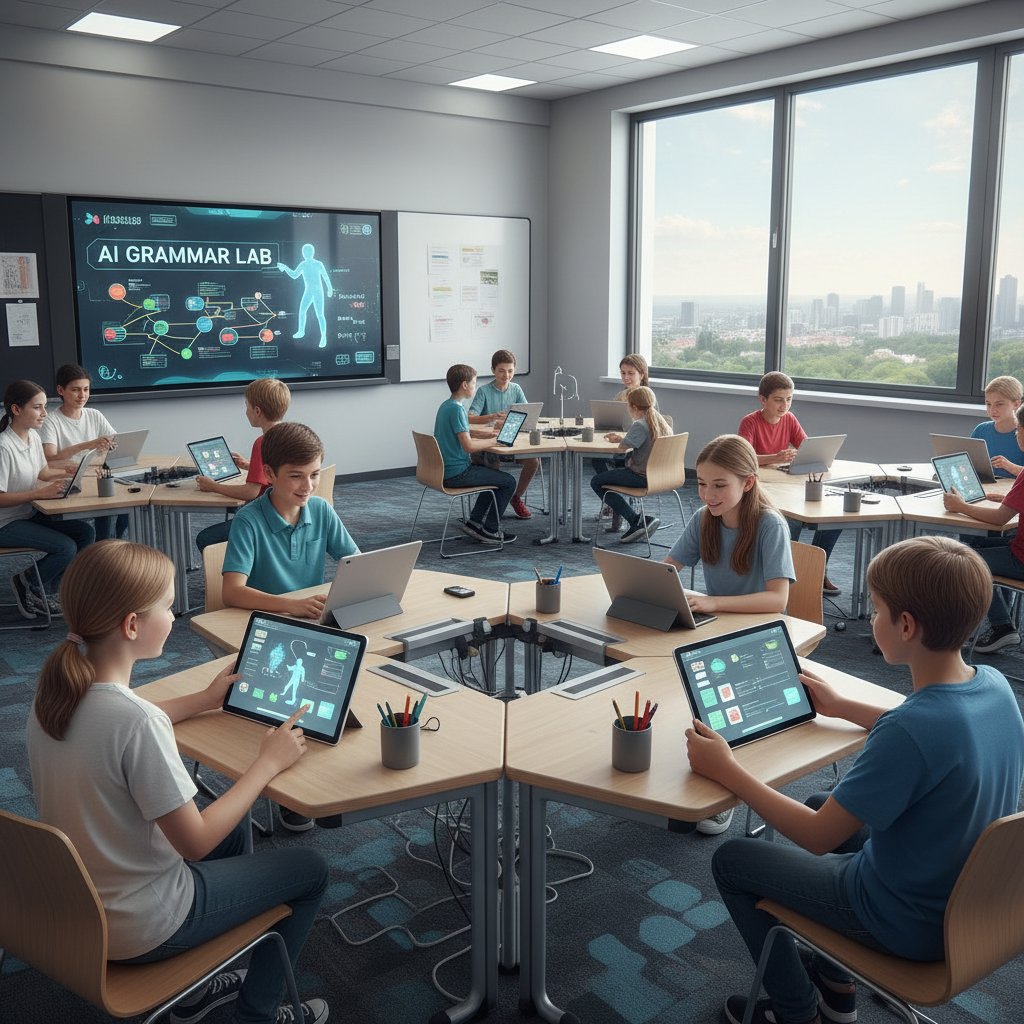 Fotografia przedstawia nowoczesną klasę z uczniami korzystającymi z tabletów i AI podczas lekcji fleksji