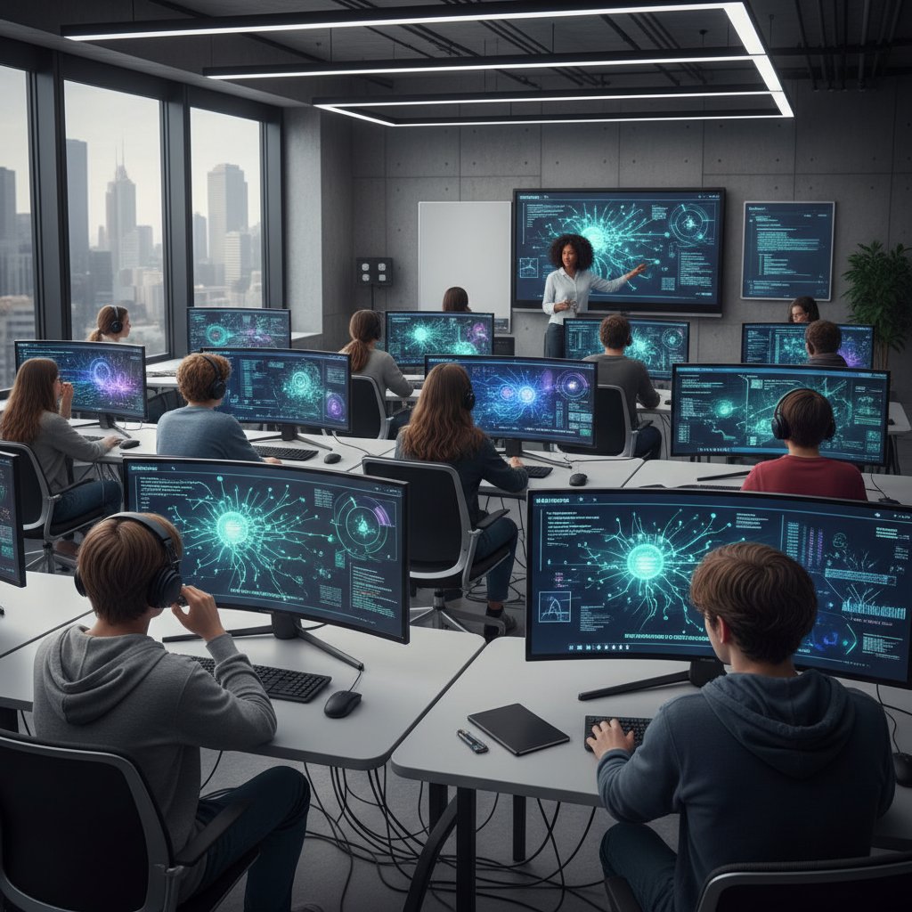 Sala lekcyjna, grupa uczniów korzysta z komputerów, wyświetlane ekrany AI
