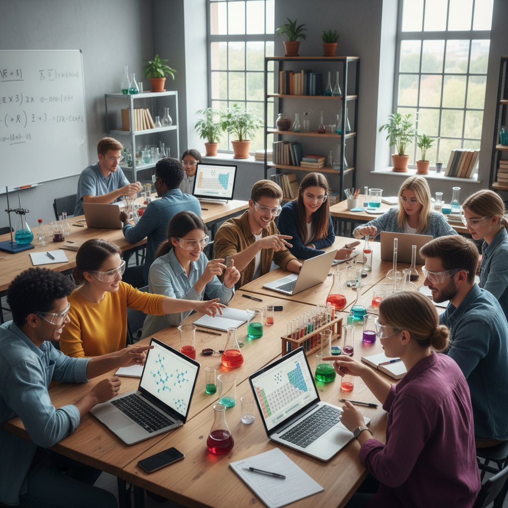 Uczniowie pracujący na lekcji z laptopami i notatkami — współpraca, motywacja, sukces nauki chemii online