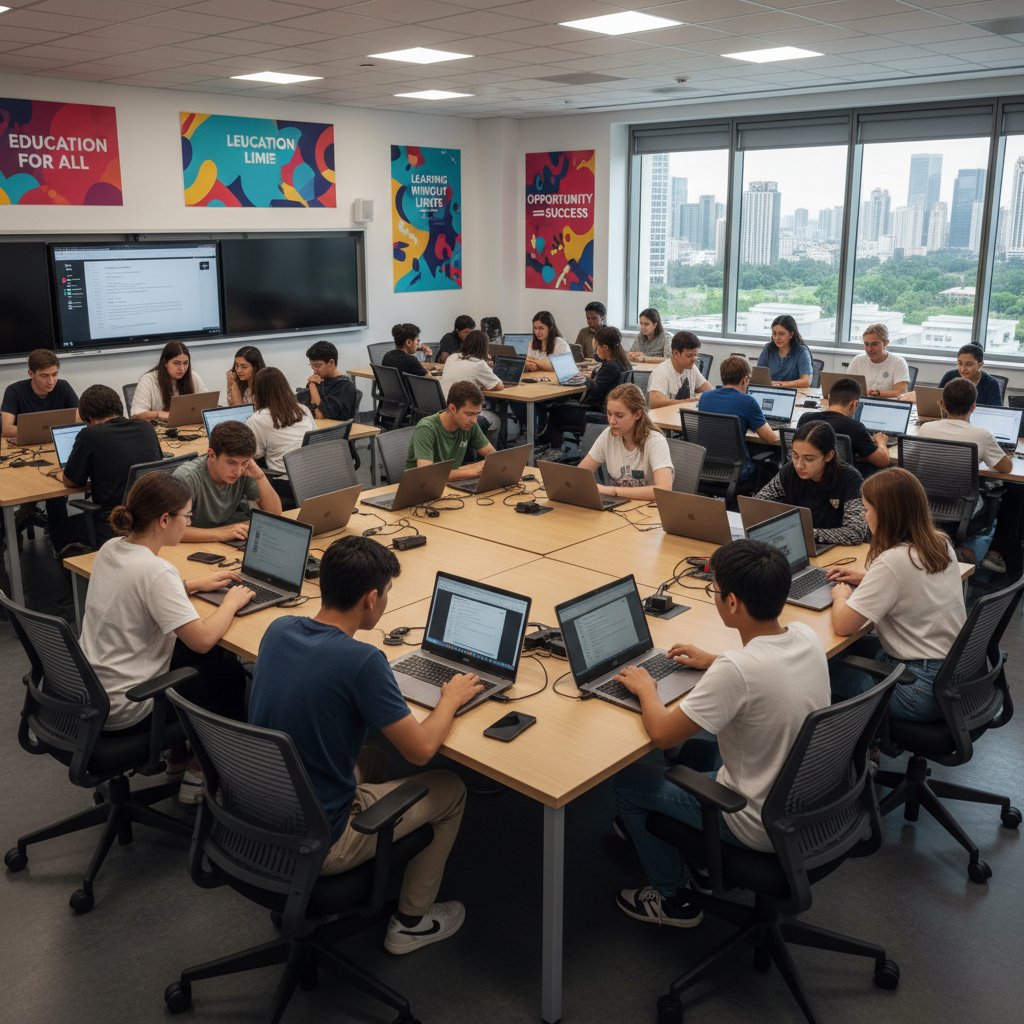 Schulklasse mit Laptops, Kinder aus unterschiedlichen sozialen Hintergründen, Fokus auf Chancengleichheit