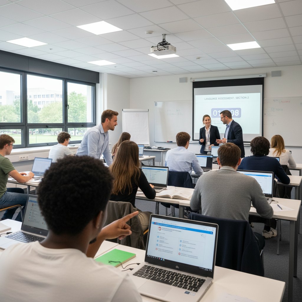 Klasa młodzieży korzysta z laptopów do testów językowych, nauczycielka wspiera uczniów