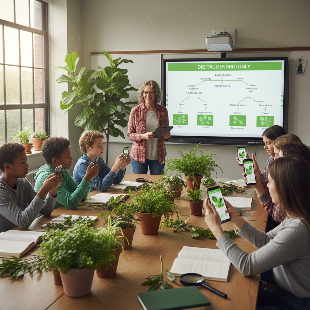 Uczniowie korzystają z aplikacji do rozpoznawania roślin w klasie, ucząc się biologii