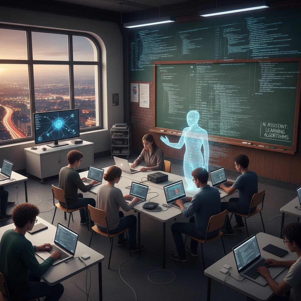Schüler im Klassenzimmer arbeiten mit Tablets, ein Laptop zeigt Lernplattform, KI-Tutor als Hologramm, Tafel mit Code im Hintergrund