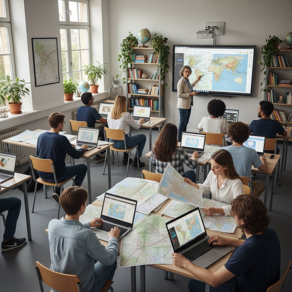 Klasa podzielona między uczniów z laptopami i mapami papierowymi