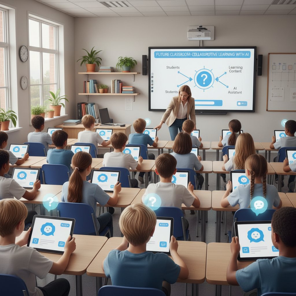 Klasa szkolna, uczniowie rozmawiają z chatbotem na tabletach, nauczyciel obserwuje