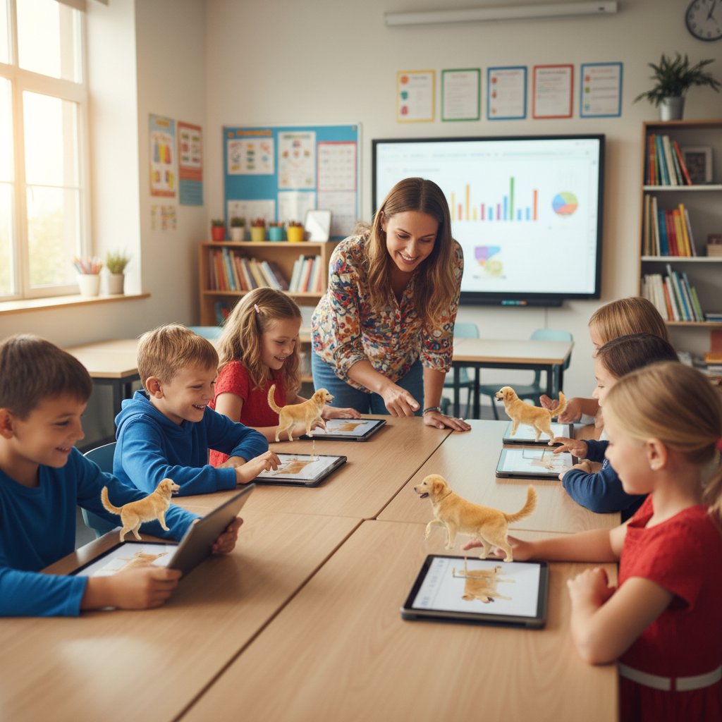 Klasa z dziećmi uczącymi się przez zabawę z wirtualnym psem