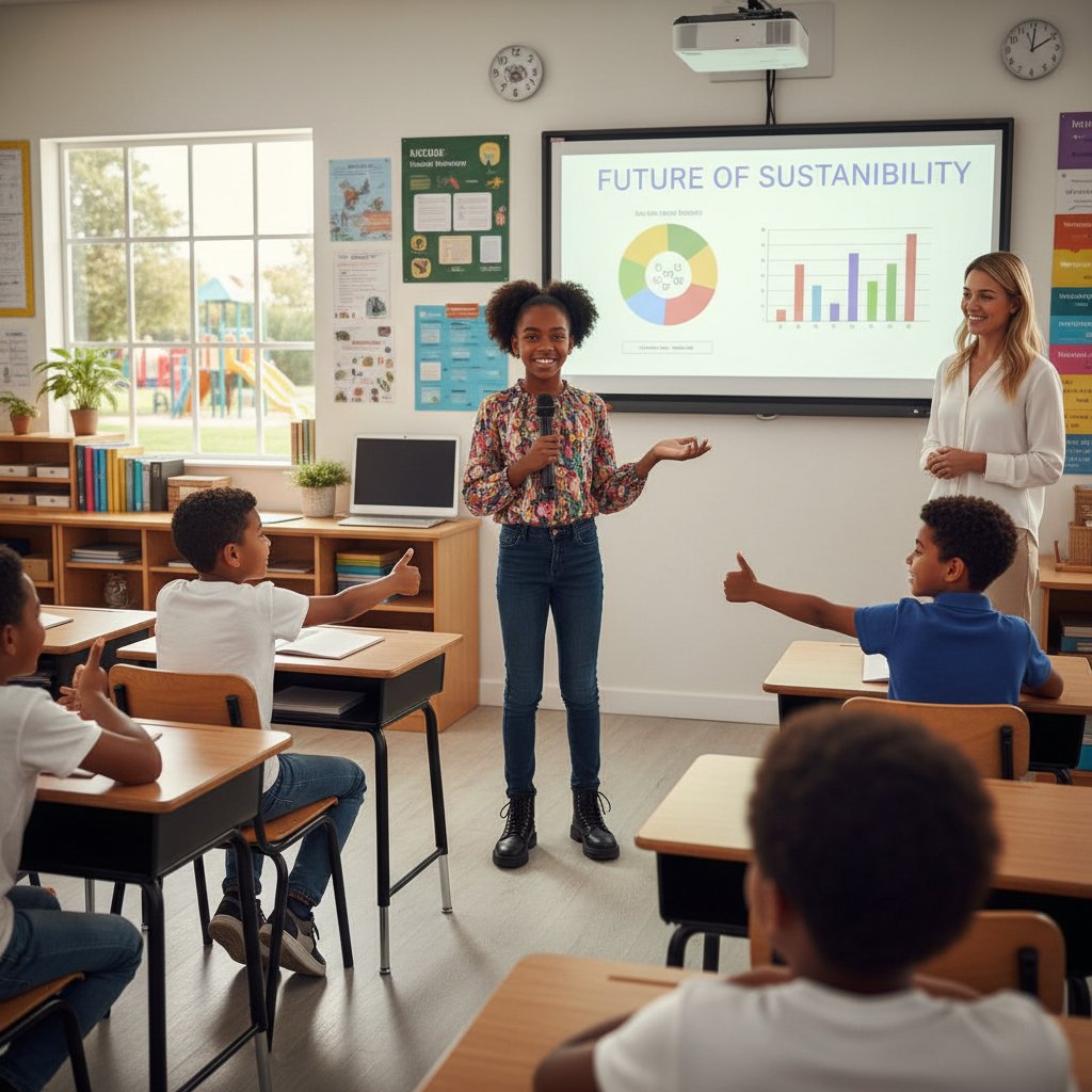 Uczeń prezentujący swoją pracę z pewnością siebie