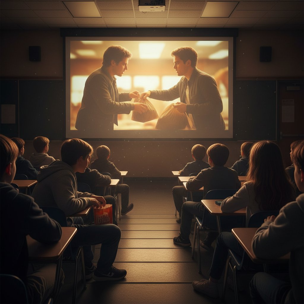 Classroom scene, students watching a dramatic swap scene, engaged reactions, warm lighting