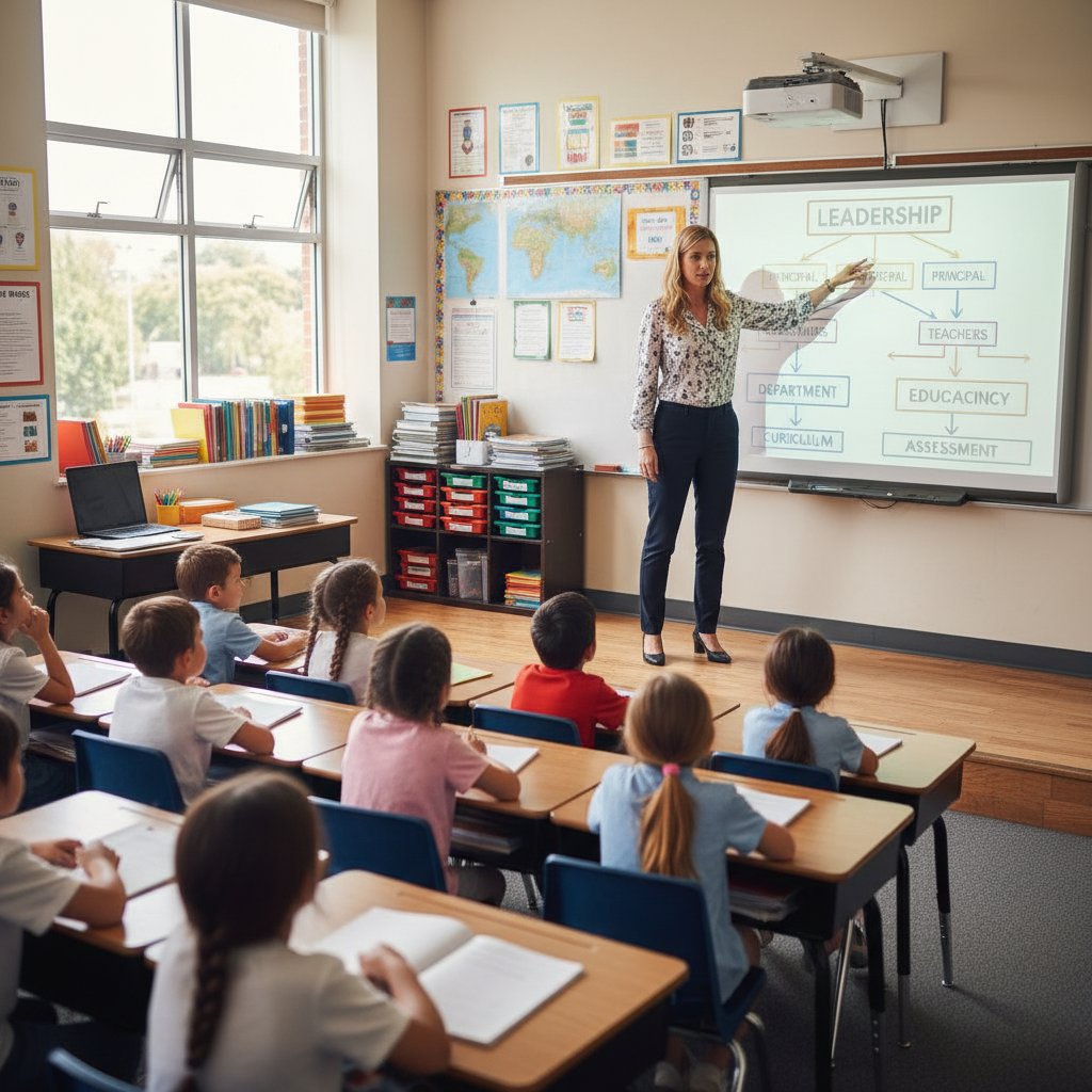 Zdjęcie klasy szkolnej z nauczycielem wskazującym palcem, symbolizujące hierarchię i tłumienie inicjatywy