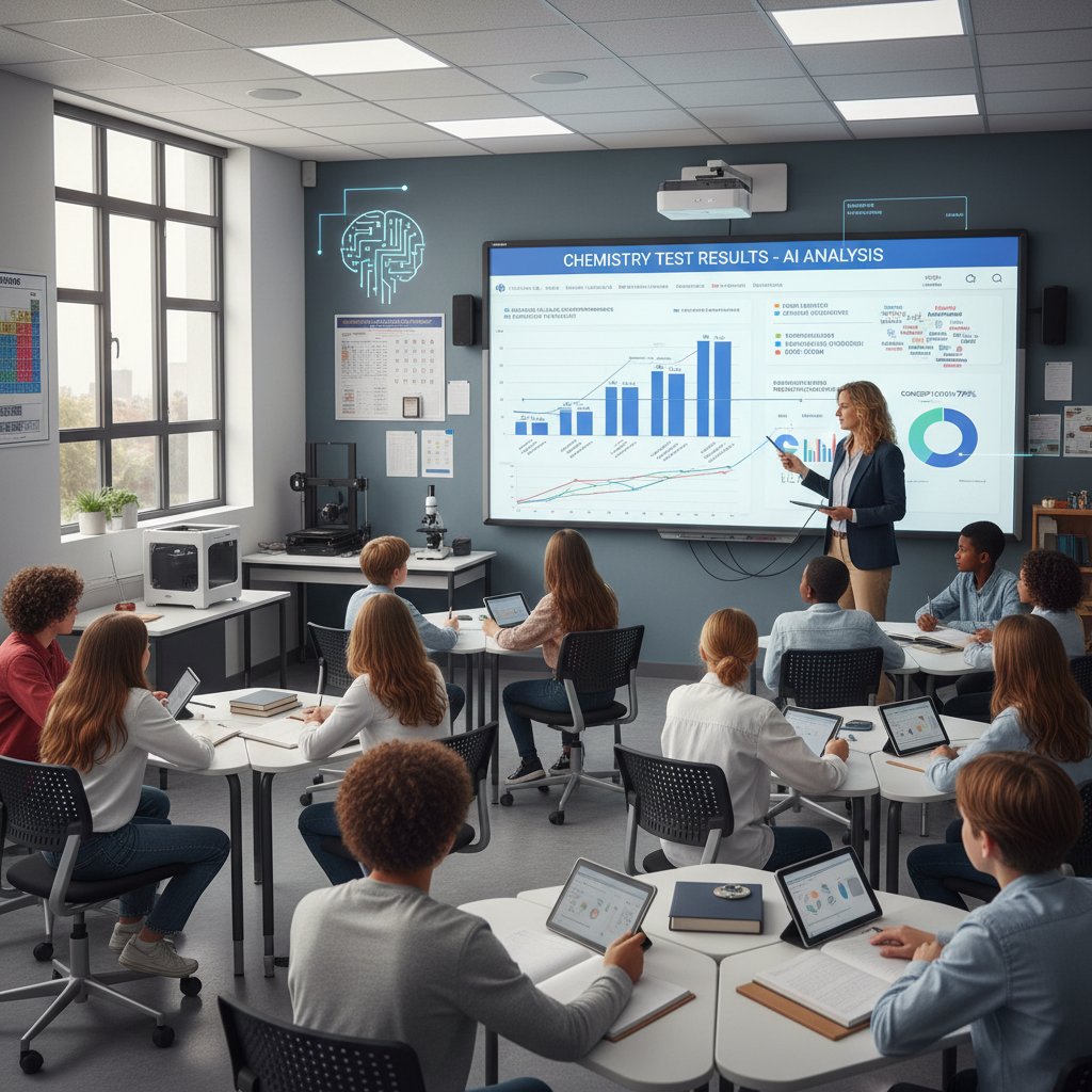 Sala lekcyjna z interaktywną tablicą, na której wyświetlana jest analiza AI wyników testów z chemii