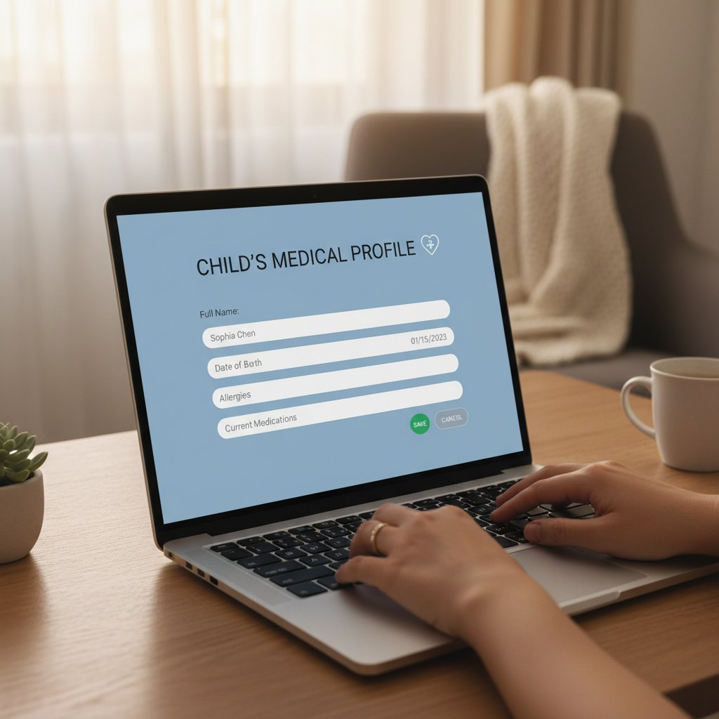 Rejestracja dziecka w wirtualnej przychodni – rodzic przy czystym, minimalistycznym laptopie w domowym zaciszu