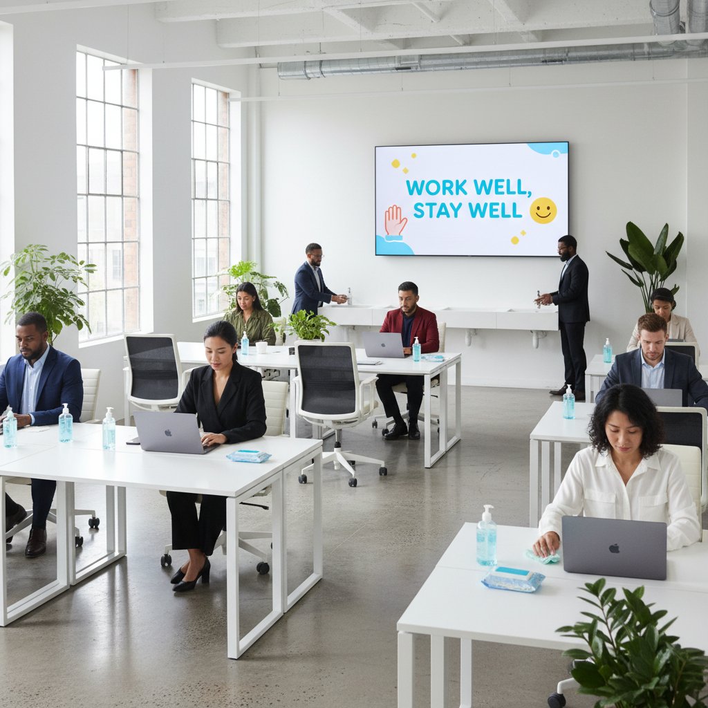 Zespół w czystym, nowoczesnym biurze po wdrożeniu higieny pracy – efekt pracy nad higieną