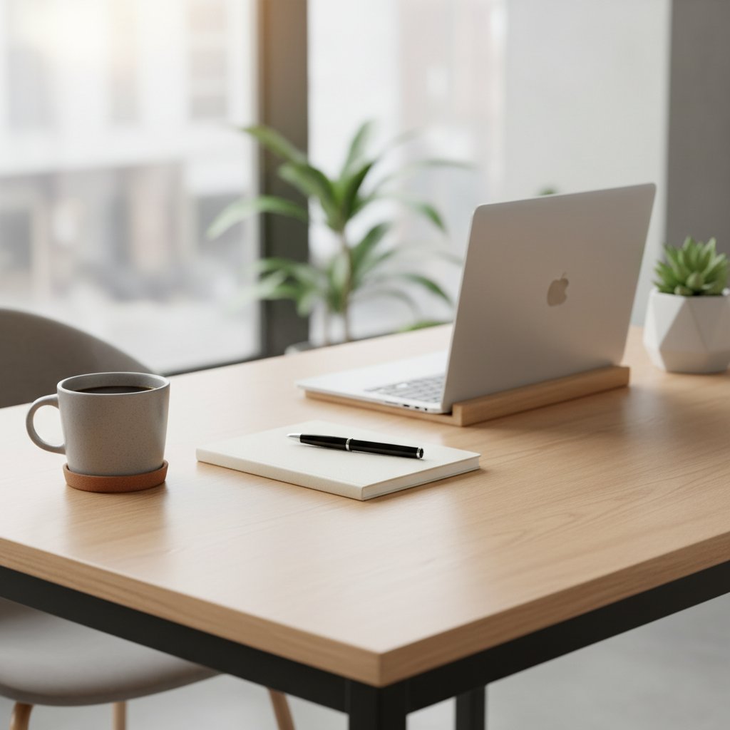 Widok na czysty pulpit biurowy, zamknięty laptop, filiżanka kawy i notatnik – symbol uporządkowanej pracy