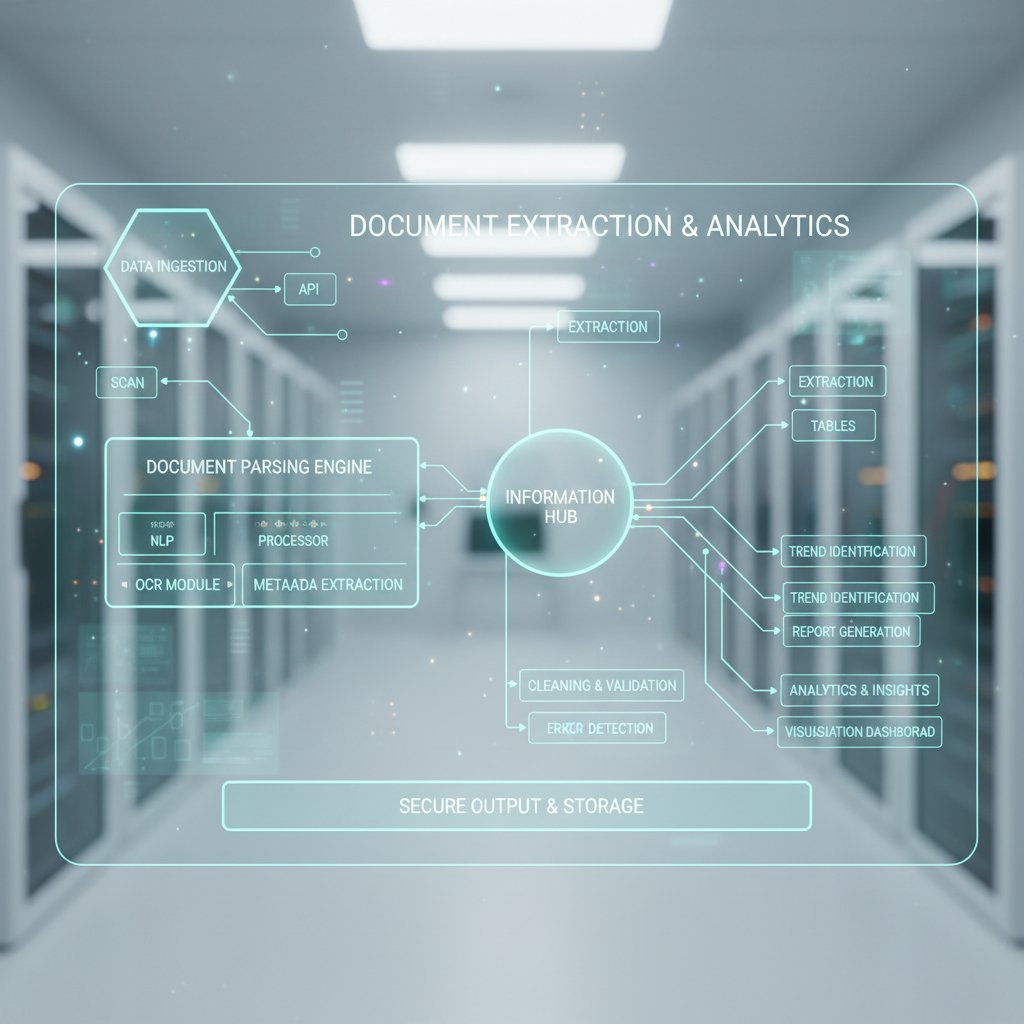 Sleek technical flowchart photo, document extraction process feeding into analytics dashboard, precise and modern