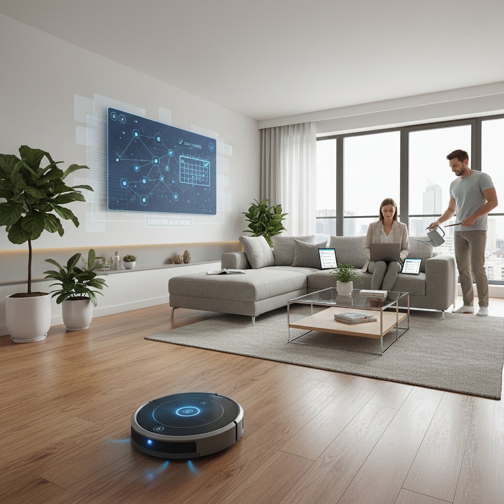 Robot sprzątający pokój dzienny, codzienne zastosowania AI w domu i pracy