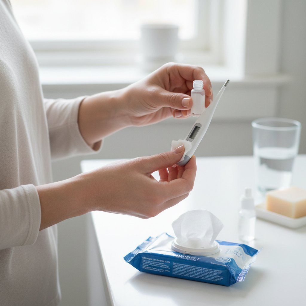 Osoba dezynfekująca końcówkę termometru po pomiarze w domu