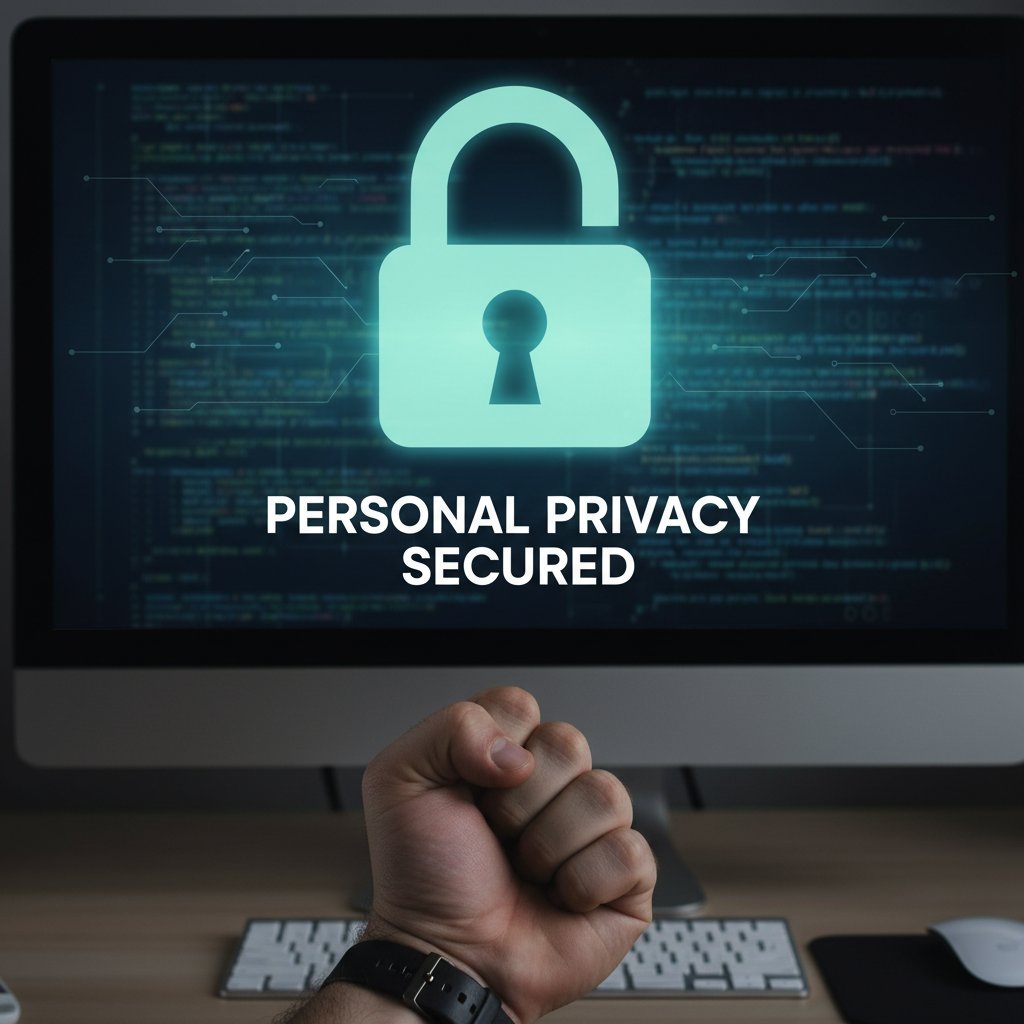 Zdjęcie: zaciśnięta pięść na tle ekranu komputera z symbolem kłódki, symbol osobistej kontroli nad prywatnością