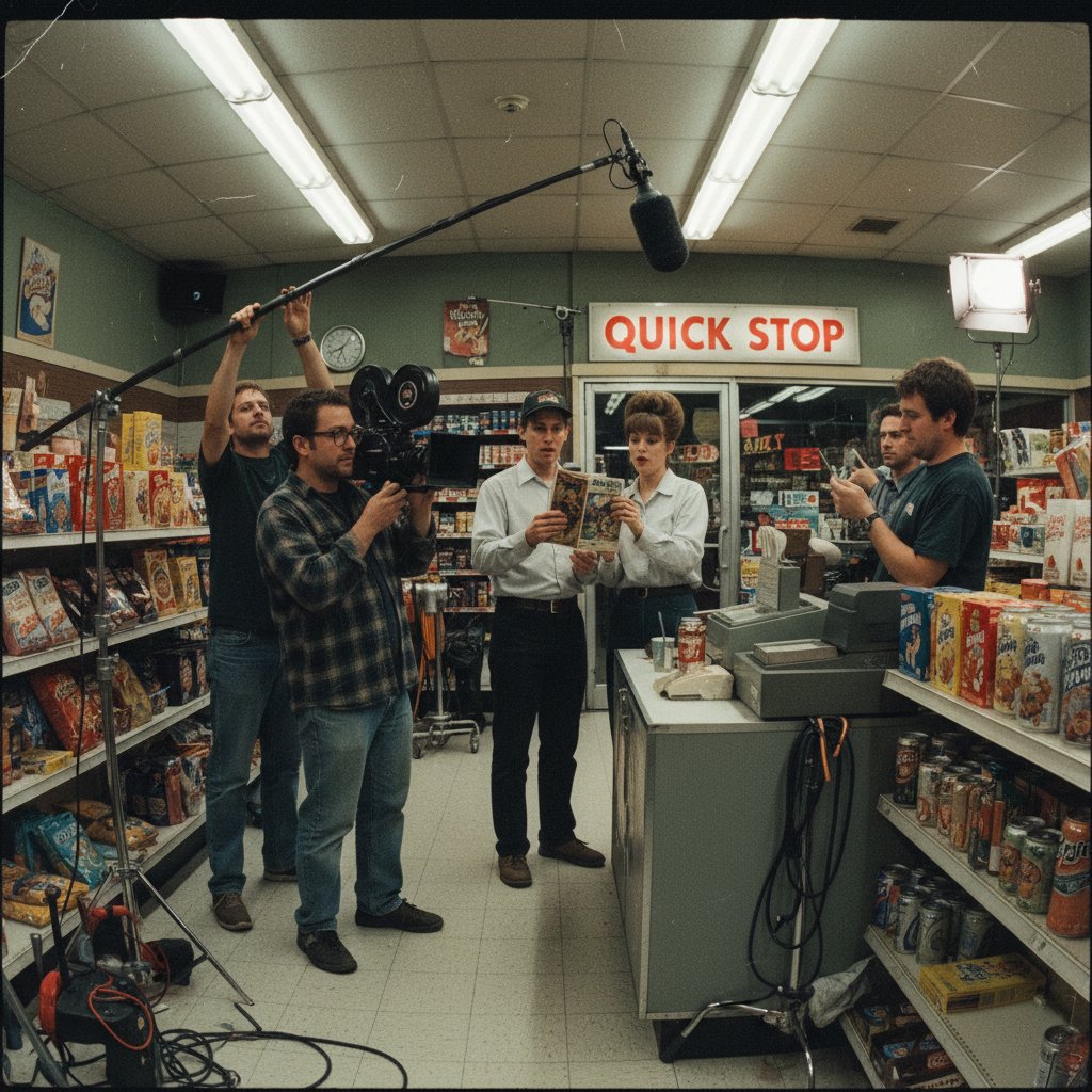 Indie film crew on Clerks set, shot in grainy 90s style, capturing the raw energy and low-budget innovation of early Kevin Smith movies