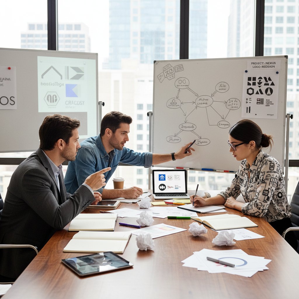 Zespół klienta i grafika pracujący wspólnie nad projektem logo, burza mózgów