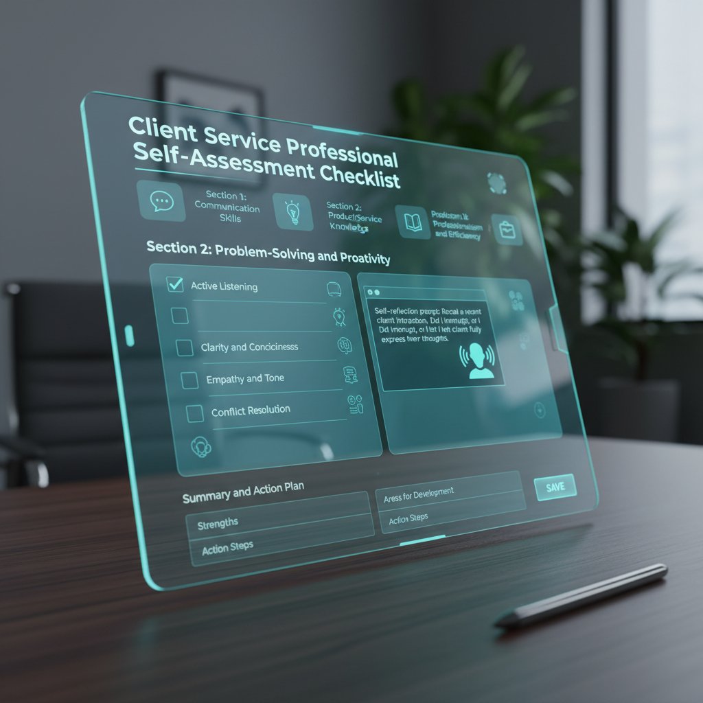 Interactive checklist for client service professionals, self-assessment, digital and analog visuals, teamwork, skills