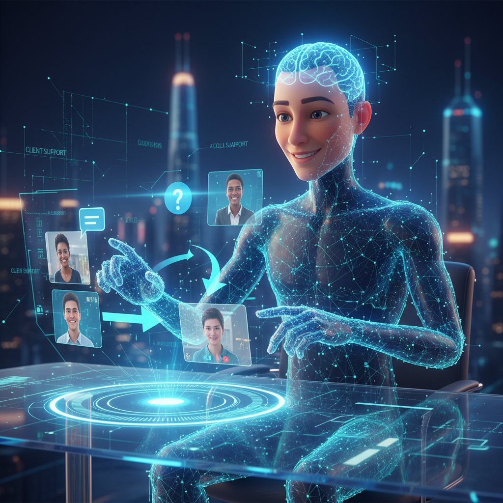 Support professional in front of a glowing digital wall of client messages, with an AI avatar at their side, symbolizing human-AI partnership in future support