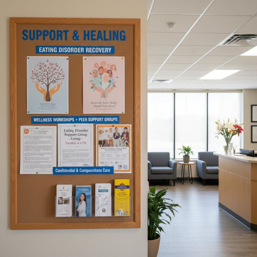 Tablica ogłoszeń w poradni zdrowia psychicznego, widoczne plakaty z informacjami o pomocy dla osób z zaburzeniami odżywiania