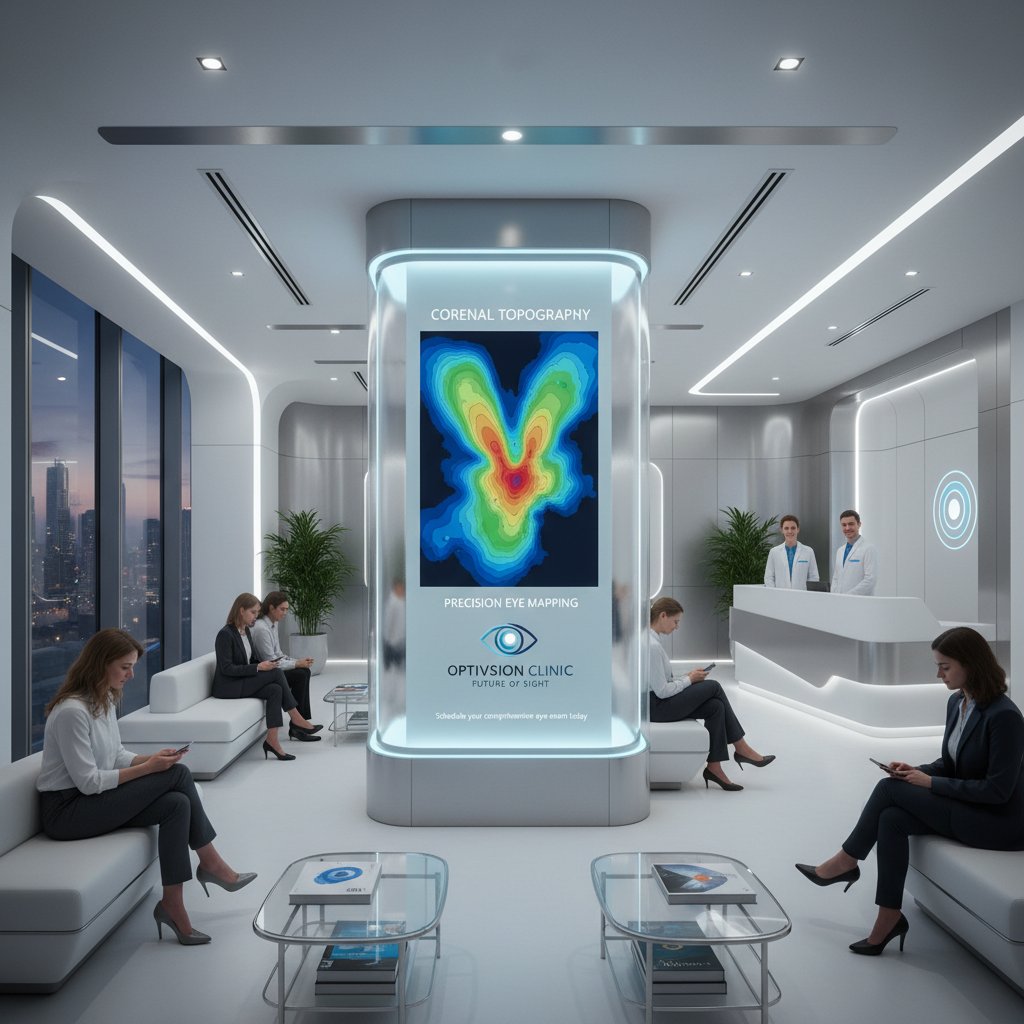 Reklama kliniki zachęcająca do wykonania topografii rogówki w nowoczesnym wnętrzu