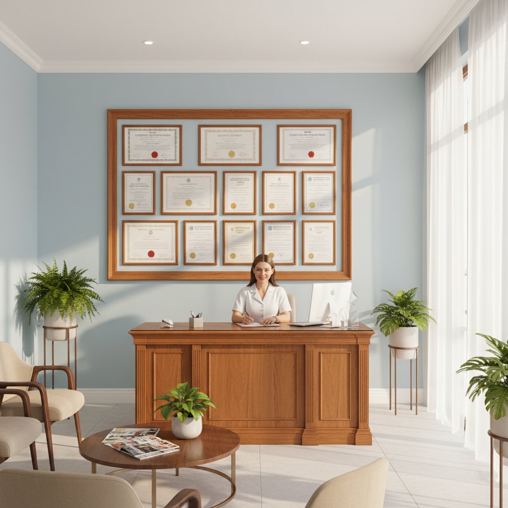 Recepcja gabinetu z certyfikatami na ścianie i miłą obsługą