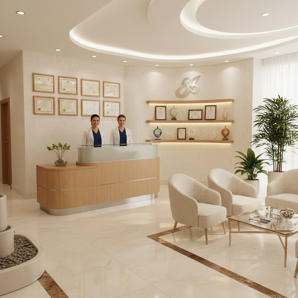 Recepcja luksusowej kliniki tlenoterapii, widoczny personel medyczny w białych kitlach, certyfikaty na ścianie