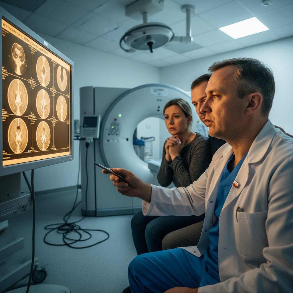Lekarz pokazujący wyniki tomografii komputerowej pacjentowi, diagnostyka wyrostka, polski szpital