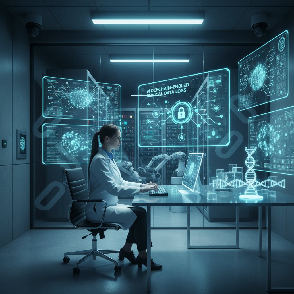 Clinical data scientist examining blockchain-enabled data logs in a secure lab, future of clinical research tools