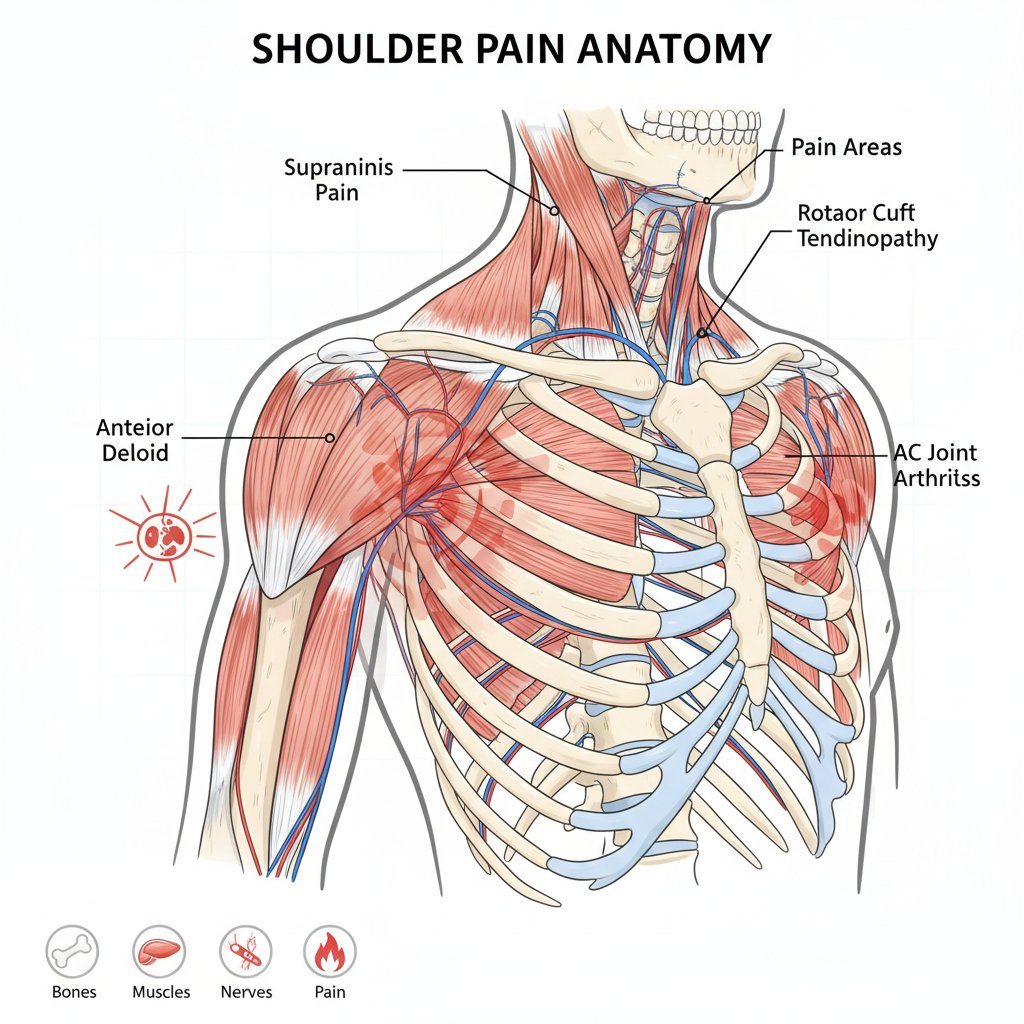 Schemat budowy barku z zaznaczonymi obszarami bólu