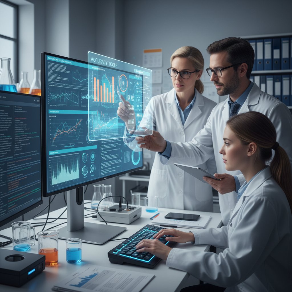A team of data scientists and clinicians evaluating accuracy tools on large monitors in a clinical research lab, displaying tool dashboards