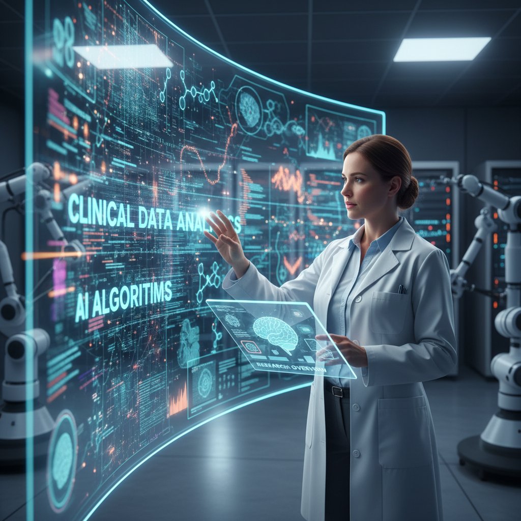 Clinical researcher overseeing automated data workflow, AI data stream in clinical research