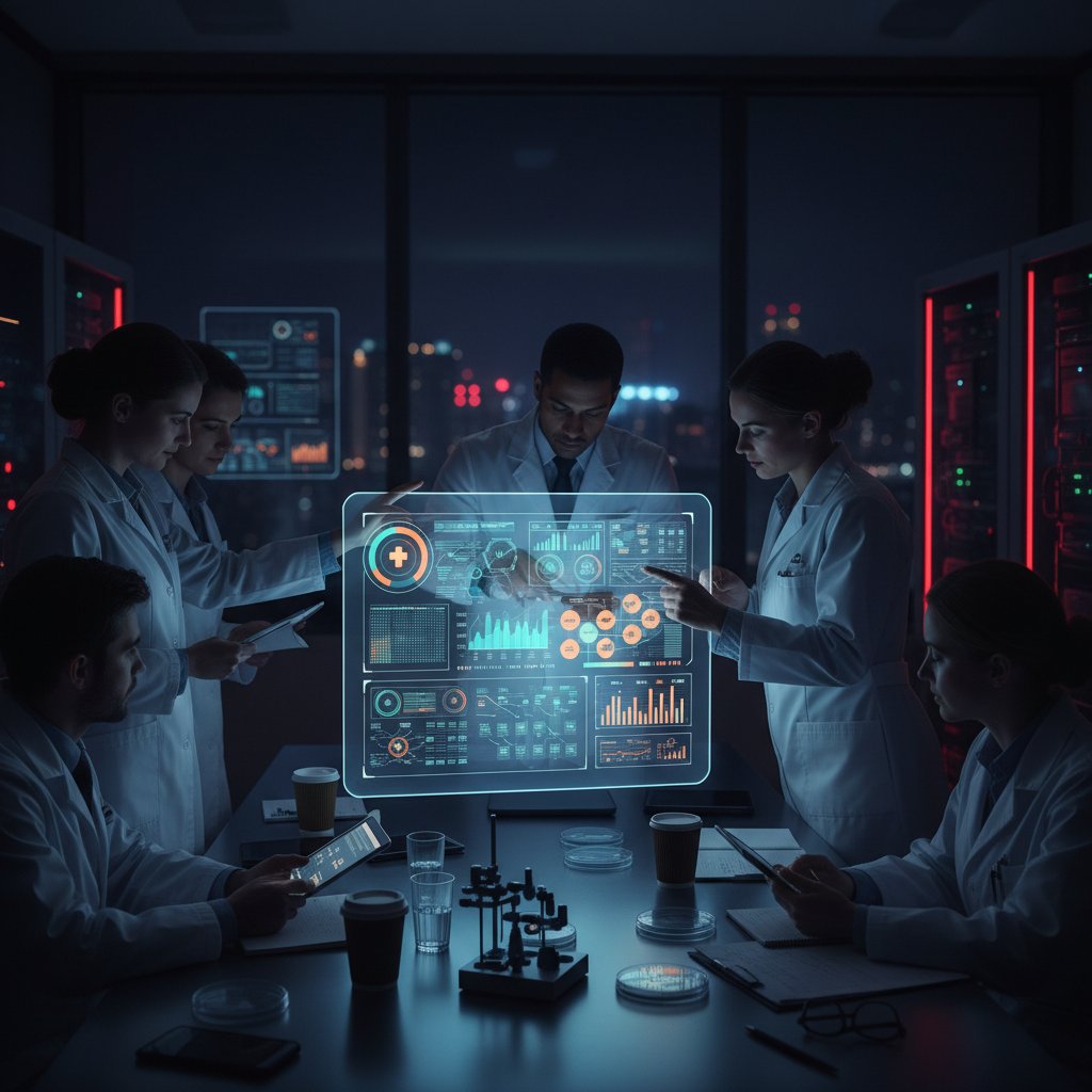 Clinical researchers reviewing data dashboards under tense lighting in a crowded lab, visualizing clinical data research accuracy tools