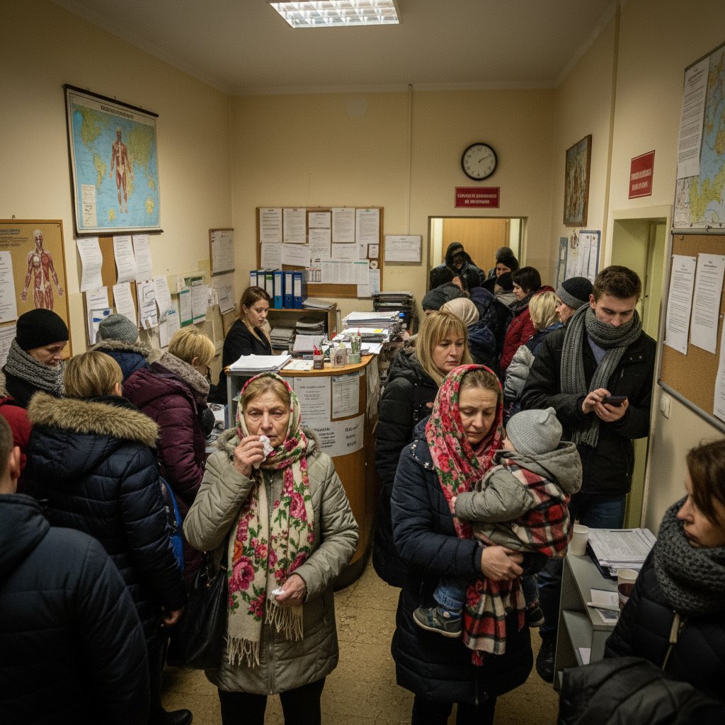 Polska poczekalnia lekarska w sezonie infekcyjnym, gdzie dominuje temat zapalenia gardła