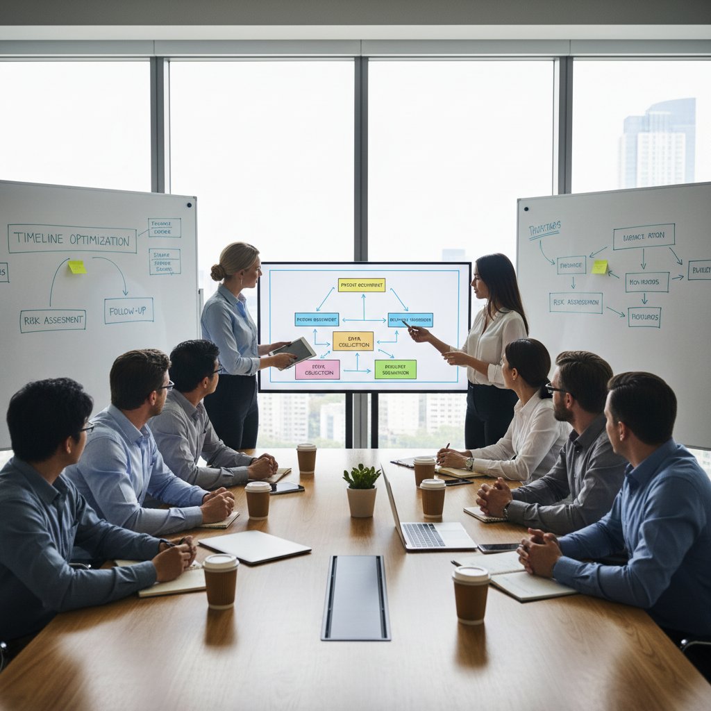 Clinical trial analysis implementation meeting with diverse team, workflow charts, and digital devices