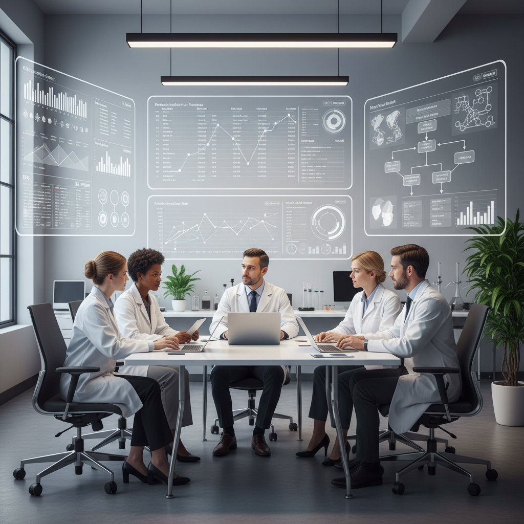 Clinical trial team collaborating with digital data dashboards, illustrating efficient research workflow