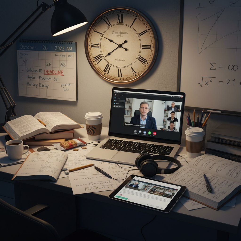 Zegar, notatki matematyczne i kalendarz na biurku ucznia, symbolizujące upływ czasu i planowanie nauki online