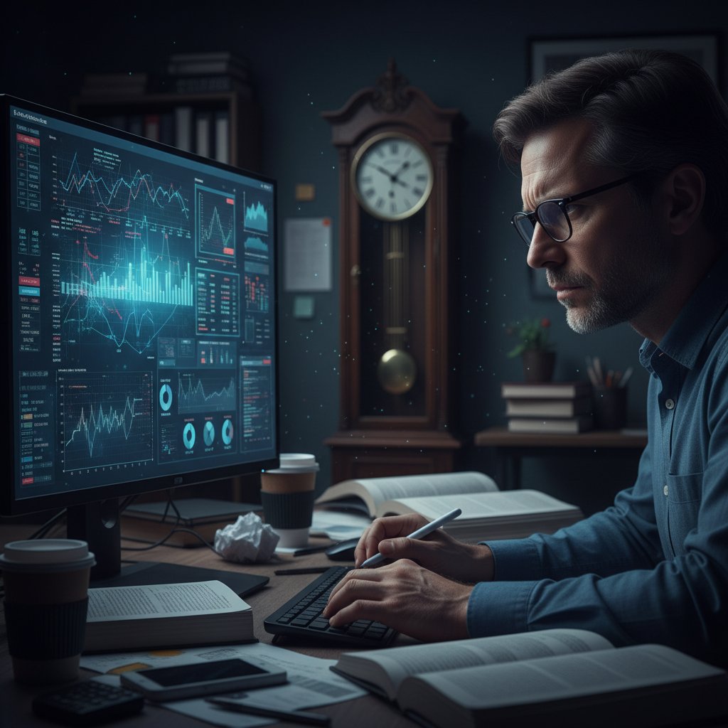 Close-up of a clock overlayed on a researcher’s computer screen with urgent analytical graphs, capturing the tense and urgent mood of academic data racing