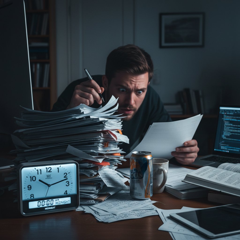 Intensywna nauka w ostatniej chwili przed sprawdzianem, zegar, notatki, energia